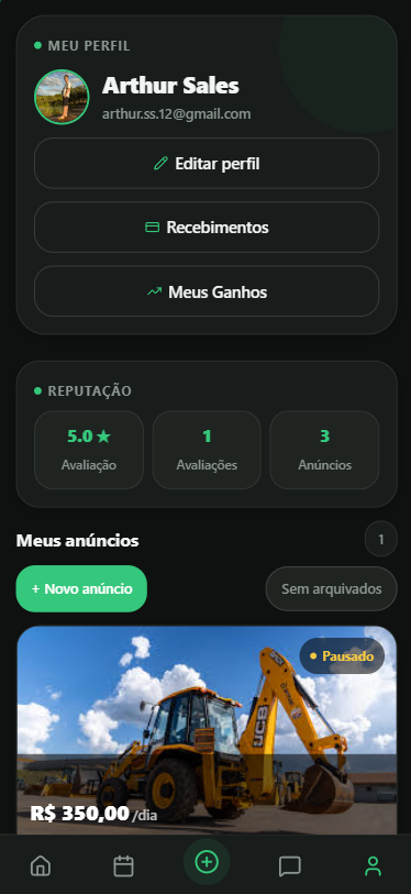 Tela de perfil e reputação do LocaMaq